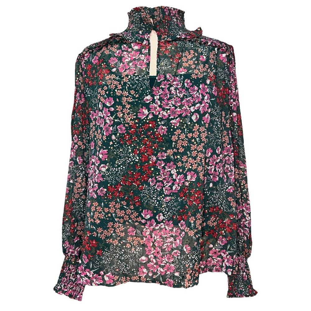 Green and pink floral blouse